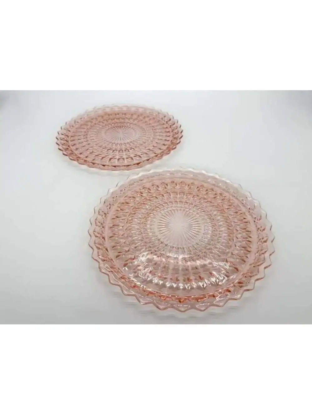 2 Vintage Jeannette Holiday Buttons & Bows Pink Glass Plates 10.25”